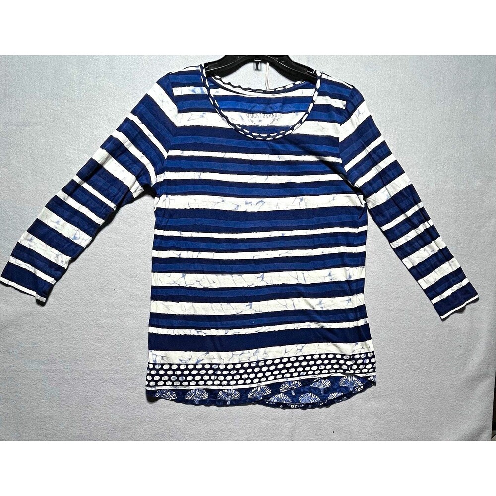 Lucky Brand Women’s Medium Blue White Striped Mixed Print High-Low Hem Top